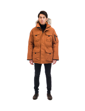 Outdoor Survival Canada OSC Men's Atka -40 Down Parka in Copper Creek Orange Front View on Model | ScoutTech Outfitters