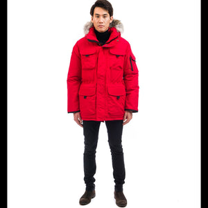 Outdoor Survival Canada OSC Men's Atka -40 Down Parka in Red Alert on Model with Front View - ScoutTech Mississauga