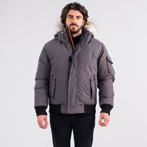 Outdoor Survival Canada OSC Men's Desna -40 Down Bomber Jacket in Charcoal Gray Front Zipped View on a Model | ScoutTech Outfitters