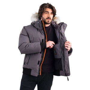 Outdoor Survival Canada OSC Men's Desna -40 Down Bomber Jackets in Charcoal Grey on Model Showing Left Inside Features | ScoutTech Outfitters 