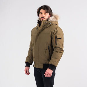 Outdoor Survival Canada OSC Men's Desna -40 Down Bomber Jackets in Military Green on Model Showing Left Side Features | ScoutTech Outfitters 