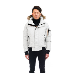 Outdoor Survival Canada OSC Men's Desna -40 Down Bomber Jackets on Model in Pure White Colour | ScoutTech Outfitters Mississauga Store