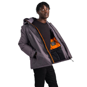 Outdoor Survival Canada OSC Men's Iqniq -40C/F Down Parka in Charcoal Grey Unzipped Action Pose Showing Inside Lining | ScoutTech Outfitters Mississauga Store