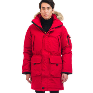 Outdoor Survival Canada OSC Men's Massak -40° Long Down Parka in Red Alert on Model Close Up of Front | ScoutTech Outfitters Mississauga Store