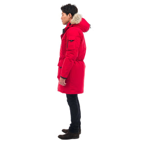 Outdoor Survival Canada OSC Men's Massak -40° Long Down Parka in Red Alert on Model Left Side | ScoutTech Outfitters Mississauga Store