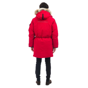 Outdoor Survival Canada OSC Men's Massak -40° Long Down Parka in Red Alert on Model Rear View | ScoutTech Outfitters Mississauga Store