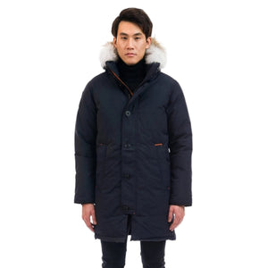 Outdoor Survival Canada OSC Men's Nevluk -20C Urban Coyote Down Parka on model in Cold Lake Blue | ScoutTech Outfitters Mississauga Store