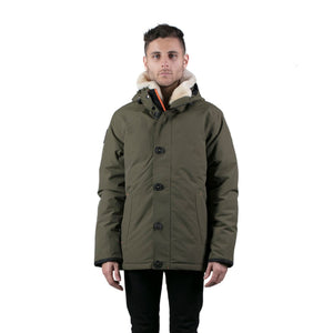 Outdoor Survival Canada OSC Men's Nyik -20C Urban Shearling Jacket in Alpine Moss on Model Front View | ScoutTech Outfitters 