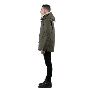 Outdoor Survival Canada OSC Men's Nyik -20C Urban Shearling Jacket in Alpine Moss on Model Left Arm Angle | ScoutTech Outfitters Mississauga Store