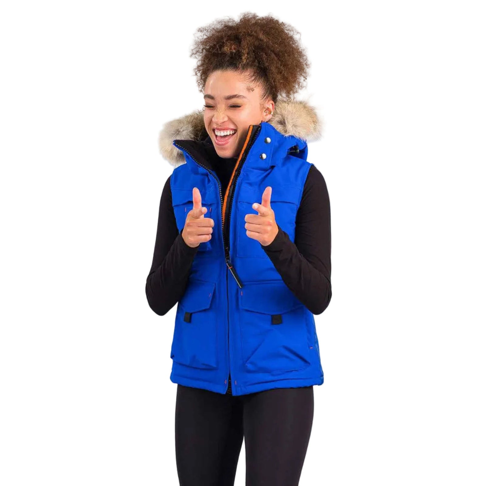 Outdoor Survival Canada OSC Miki Women's -40°C/F Down Vest with Hood in Arctic Blue Modelled in an Action Pose | ScoutTech Outfitters Mississauga Store
