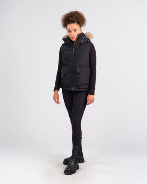 Outdoor Survival Canada OSC Miki Women's -40°C/F Down Vest with Hood in Orca Black on Model | ScoutTech Outfitters Mississauga Store