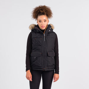 Outdoor Survival Canada OSC Miki Women's -40°C/F Down Vest with Hood in Orca Black on Model Front | ScoutTech Outfitters