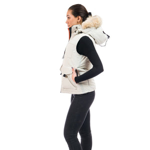 Outdoor Survival Canada OSC Miki Women's -40° Down Vest in Opal White on a model side view | ScoutTech Outfitters Mississauga Store