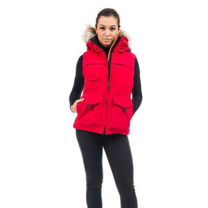 Outdoor Survival Canada OSC Miki Women's -40° Down Vest in Red Alert on a model front view | ScoutTech Outfitters