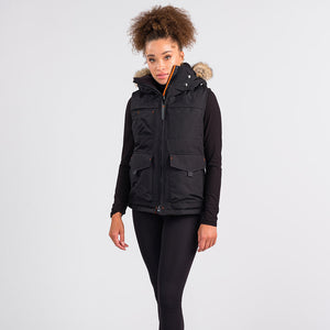 Outdoor Survival Canada OSC Miki Women's -40°C/F Down Vest with Hood in Orca Black on Model | ScoutTech Outfitters Mississauga Store