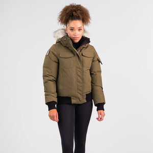Outdoor Survival Canada OSC Nini Women's -40°C/F Down Bomber Jacket in Military Green on Model | ScoutTech Outfitters Mississauga Store