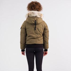 Outdoor Survival Canada OSC Nini Womens -40 Bomber Jacket in Military Green Back View on Model | ScoutTech Outfitters