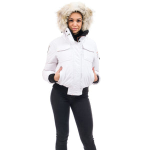 Outdoor Survival Canada OSC Nini Womens -40 Bomber Jacket in Pure White on Model | ScoutTech Outfitters