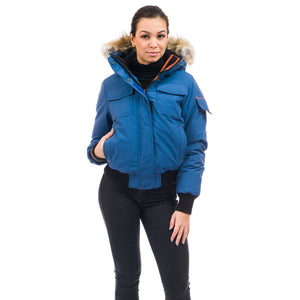 Outdoor Survival Canada OSC Nini Women's -40°C/F Down Bomber Jacket in Arctic Blue on Model | ScoutTech Outfitters Mississauga Store