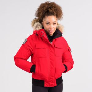 Outdoor Survival Canada OSC Nini Women's -40°C/F Down Bomber Jacket in Red Alert on Model | ScoutTech Outfitters Mississauga Store