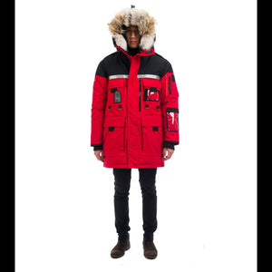 Outdoor Survival Canada OSC Unisex Mission -60°C Expedition Down Parka in Red Modelled by a Male with Hood On | ScoutTech Outfitters Mississauga