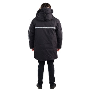 Outdoor Survival Canada OSC Unisex Mission -60°C Expedition Down Parka in Black Rear Hood Lowered View | ScoutTech Mississauga Store