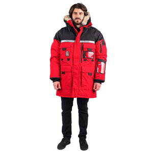 Outdoor Survival Canada OSC Unisex Mission -60°C Expedition Down Parka in Red Hood Lowered Front View on Male | ScoutTech Mississauga Store