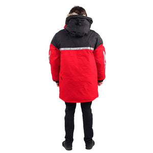 Outdoor Survival Canada OSC Unisex Mission -60°C Expedition Down Parka in Red Rear Hood Lowered View | ScoutTech Mississauga Store