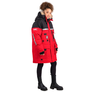 Outdoor Survival Canada OSC Unisex Mission -60°C Expedition Down Parka Displayed on a Female in Red on Right Angle | ScoutTech Outfitters