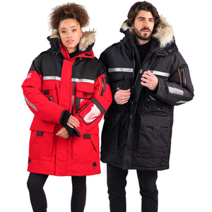 Outdoor Survival Canada OSC Unisex -60°C Mission Expedition Down Parkas Modelled in Red and Black | ScoutTech Mississauga Store