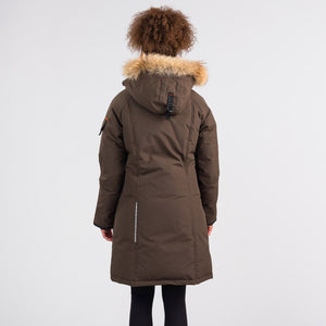 Outdoor Survival Canada OSC Women's Karima -40 Down Parka in Alpine Moss Back View on Model | ScoutTech Outfitters
