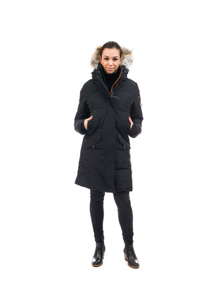 Outdoor Survival Canada OSC Women's Siku -40 Down Parka in Orca Black Front View on a Model | ScoutTech Outfitters Mississauga