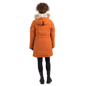 Outdoor Survival Canada OSC Women's Jaci -40 Down Parka on Model in Copper Creek Orange Rear View | ScoutTech Outfitters
