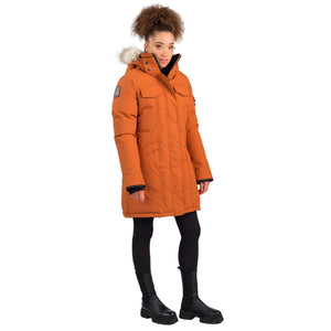 Outdoor Survival Canada OSC Women's Jaci -40C/F Down Parka on Model in Copper Creek Orange Right Side View with Patch | ScoutTech Outfitters 