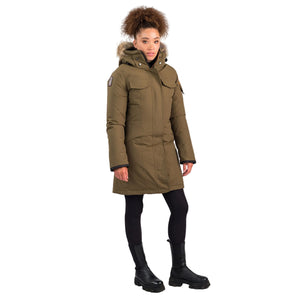 Outdoor Survival Canada OSC Women's Jaci -40 Down Parka on Model in Military Green Right Side Patch View | ScoutTech Outfitters