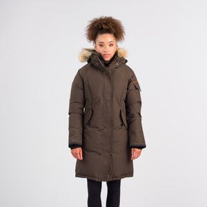 Outdoor Survival Canada OSC Women's Karima -40 Down Parka in Alpine Moss Front View on Model | ScoutTech Outfitters