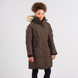 Outdoor Survival Canada OSC Women's Karima -40°C/F Down Parka in Alpine Moss on Model | ScoutTech Outfitters Mississauga Store