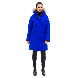 Outdoor Survival Canada OSC Women's Karima -40 Down Parka in Arctic Blue on a model front partially unzipped | ScoutTech Outfitters