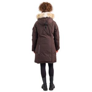 Outdoor Survival Canada OSC Women's Karima -40 Down Parka in Chestnut Brown on a model back view | ScoutTech Outfitters