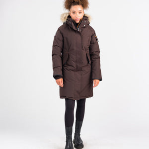 Outdoor Survival Canada OSC Women's Karima -40 Down Parka in Chestnut Brown on a model | ScoutTech Outfitters