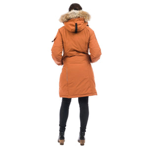 Outdoor Survival Canada OSC Women's Karima -40 Down Parka in Copper Creek Orange on a model back side | ScoutTech Outfitters