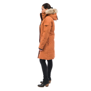Outdoor Survival Canada OSC Women's Karima -40 Down Parka in Copper Creek Orange on a model left side view | ScoutTech Outfitters