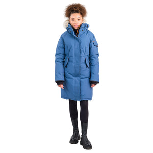 Outdoor Survival Canada OSC Women's Karima -40 Down Parka in Indigo Blue on a model facing front | ScoutTech Outfitters