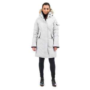 Outdoor Survival Canada OSC Women's Karima -40 Down Parka in Pure White on a model front partially unzipped | ScoutTech Outfitters