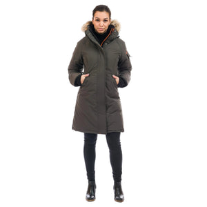 Outdoor Survival Canada OSC Women's Karima -40 Down Parka in steel Grey on a model front partially unzipped | ScoutTech Outfitters