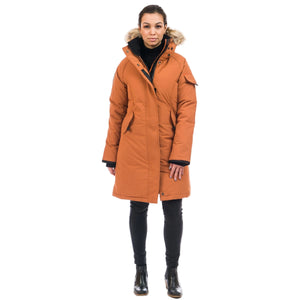 Outdoor Survival Canada OSC Women's Karima -40 Down Parka in Copper Creek Orange on a model front casual view | ScoutTech Outfitters