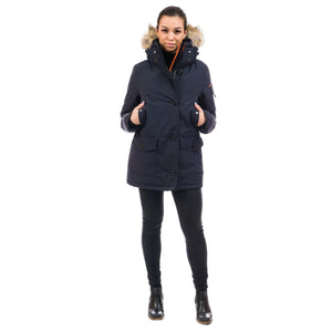 Outdoor Survival Canada OSC Women's Kasa -40 Down Parka in Cold Lake Blue on Model Pocketed Pose | ScoutTech Outfitters
