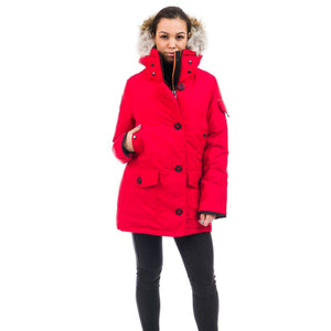 Outdoor Survival Canada OSC Women's Kasa -40 Down Parka in Red Alert on Model Front Pose | ScoutTech Outfitters