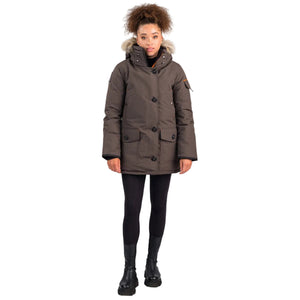 Outdoor Survival Canada OSC Women's Kasa -40 Down Parka in Steel Grey on Model Facing Forward | ScoutTech Outfitters 
