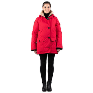 Outdoor Survival Canada OSC Womens Kasa US -20C Urban Shearling Trim Down Jacket in Red Alert Front View | ScoutTech Mississauga